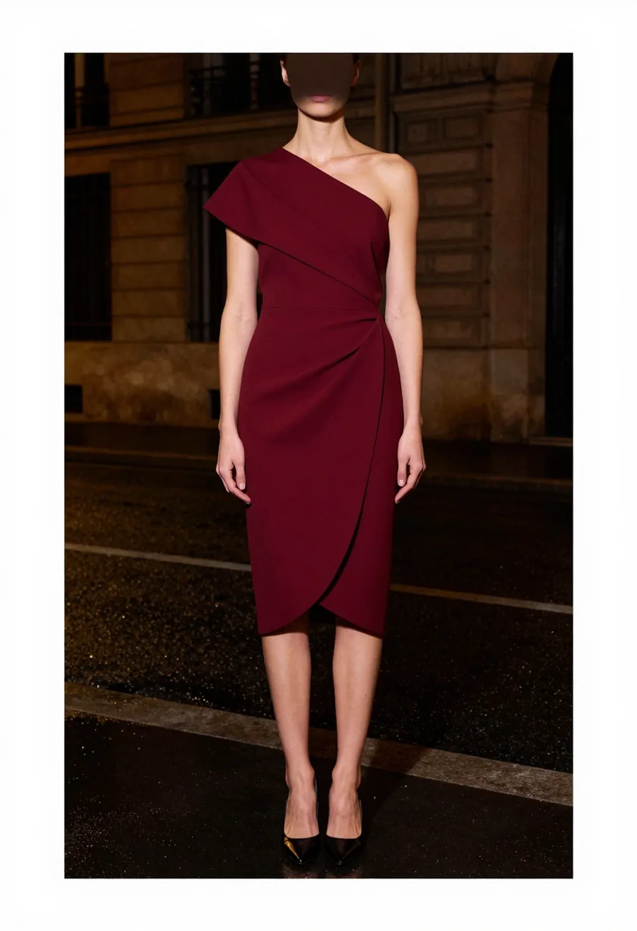 A model in profile, wearing an oxblood asymmetric wrap dress in cocktail length, on a wet Paris street at night.