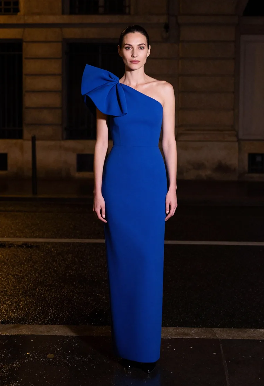 A model facing the camera, wearing a cobalt column gown with one structured sculptural shoulder, on a wet Paris street at night.