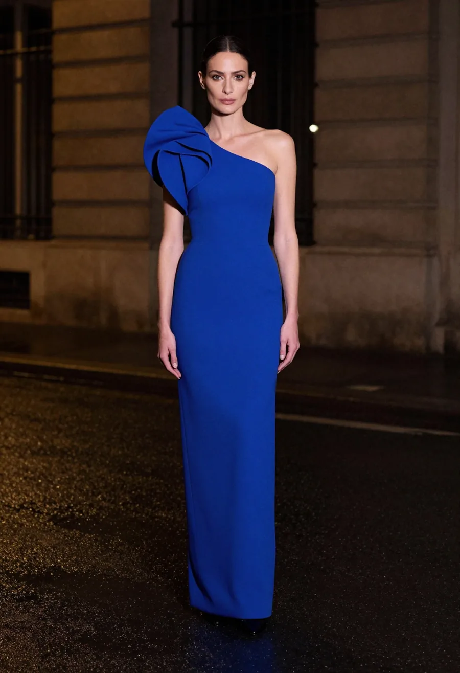 A model in profile, wearing a cobalt column gown with one structured sculptural shoulder, on a wet Paris street at night.