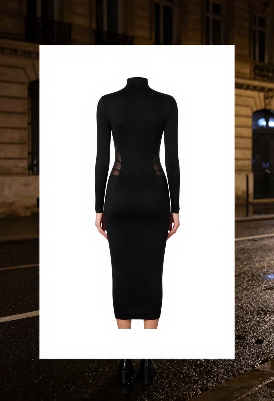 A model seen from behind, wearing a black long-sleeve high-neck bodycon midi dress with sheer mesh rib panels, on a wet Paris street at night.
