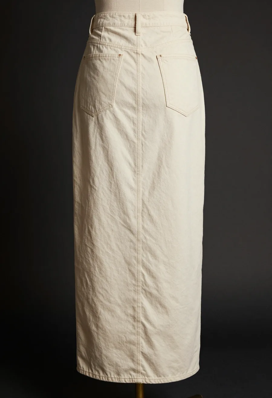 Studio product shot, back view, of a floor-length bone washed denim column skirt with the trademark house seam opening the front panel, on a dark ground.