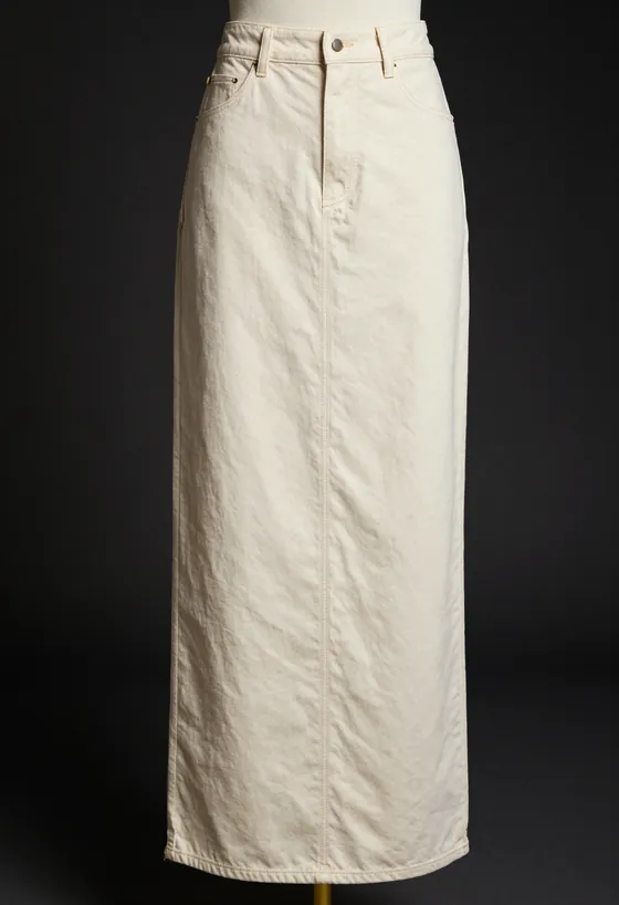 Studio product shot, front view, of a floor-length bone washed denim column skirt with the trademark house seam opening the front panel, on a dark ground.