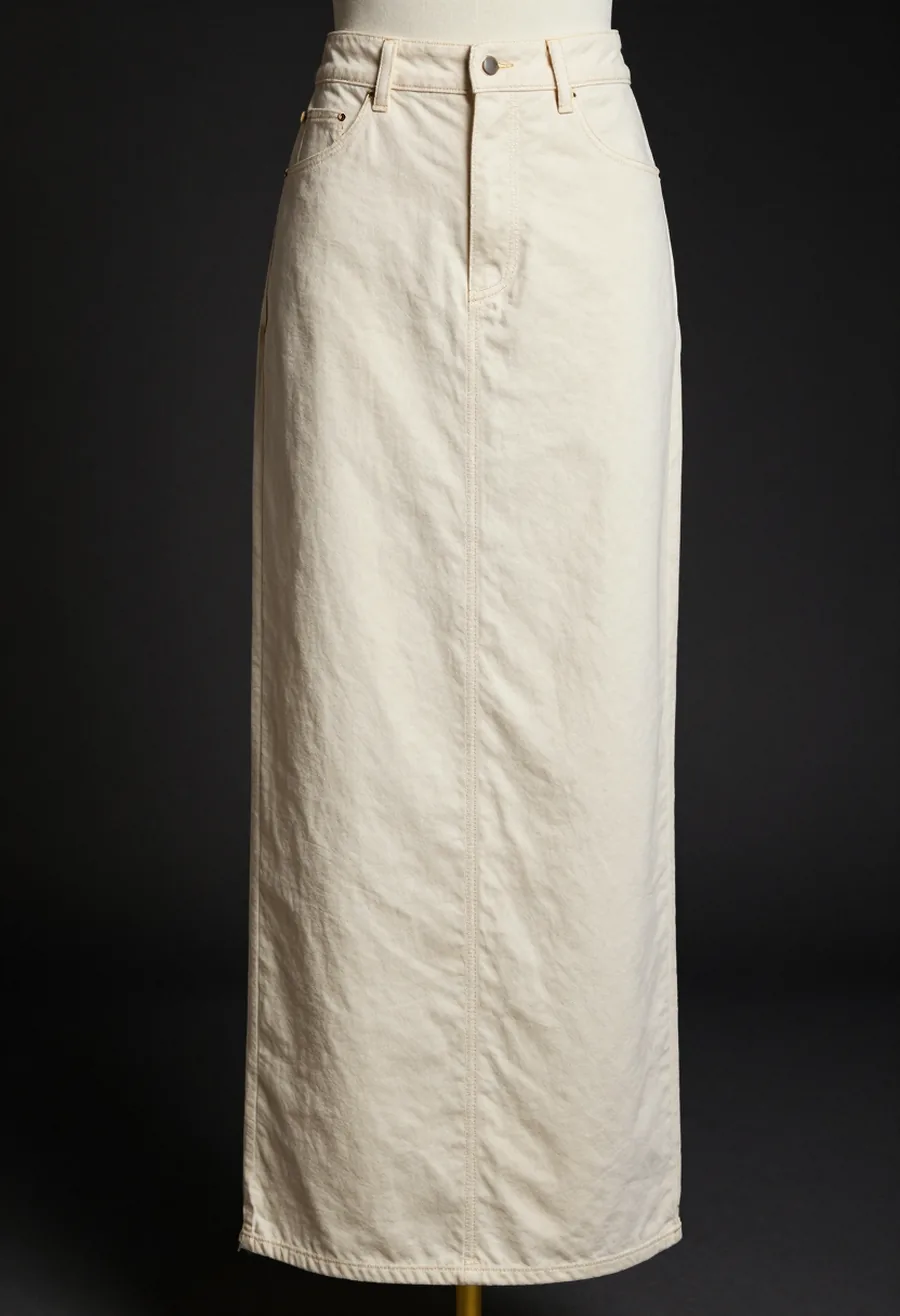 Studio product shot, front view, of a floor-length bone washed denim column skirt with the trademark house seam opening the front panel, on a dark ground.