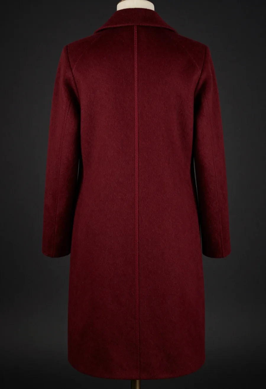 Studio product shot, front view, of a floor-brushing oxblood wool overcoat with the trademark house seam running the full front panel, on a dark ground.