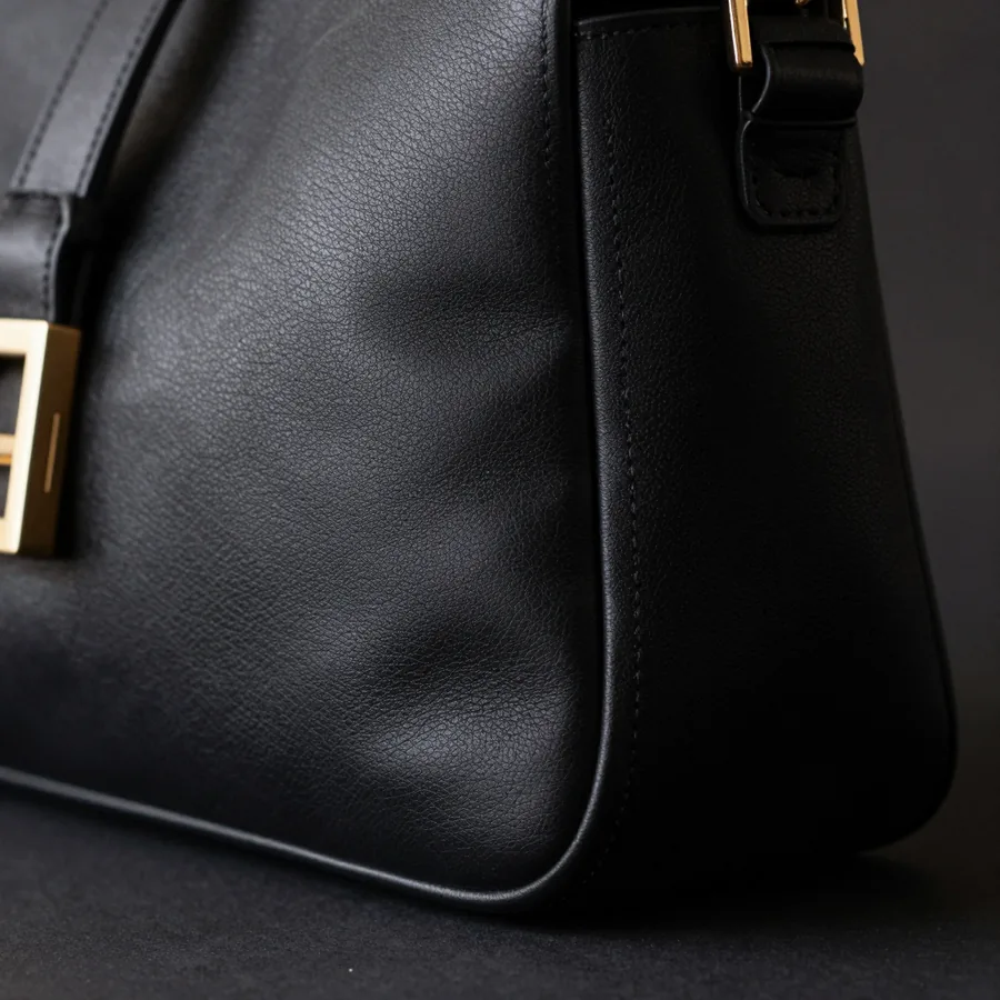 Close macro detail of the seam construction of a structured obsidian leather shoulder bag with a curved front panel seam and a small muted gold P stamp.