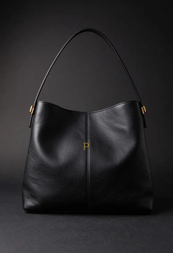 Studio product shot, front view, of a structured obsidian leather shoulder bag with a curved front panel seam and a small muted gold P stamp, on a dark ground.