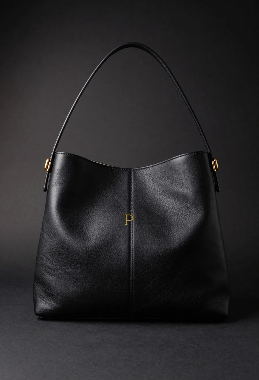 Studio product shot, front view, of a structured obsidian leather shoulder bag with a curved front panel seam and a small muted gold P stamp, on a dark ground.