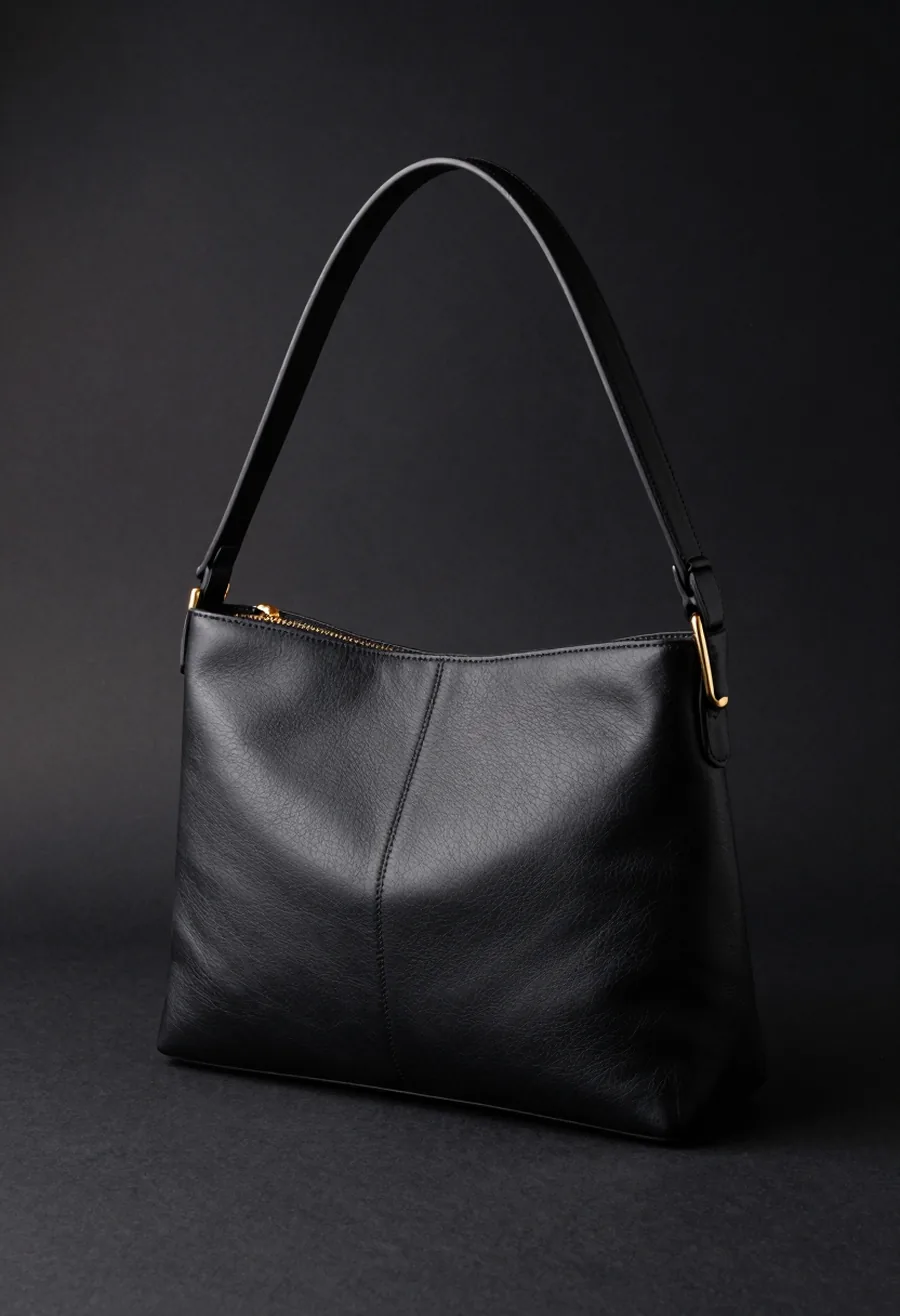 Studio product shot, side profile, of a structured obsidian leather shoulder bag with a curved front panel seam and a small muted gold P stamp, on a dark ground.
