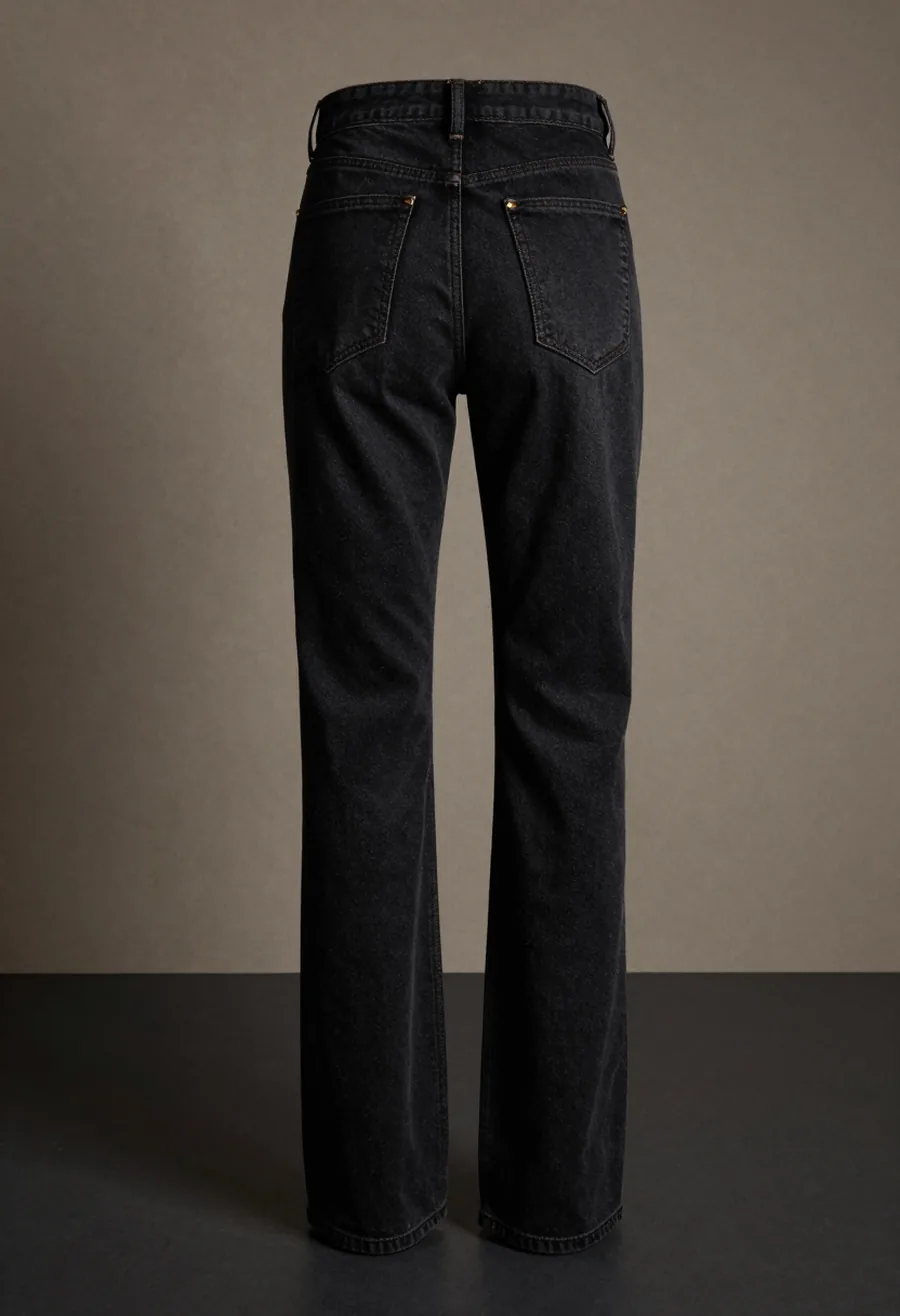 Studio product shot, back view, of a pair of black rinse straight-leg jeans whose trademark house seam runs the outseam with a curved hip yoke, on a dark ground.