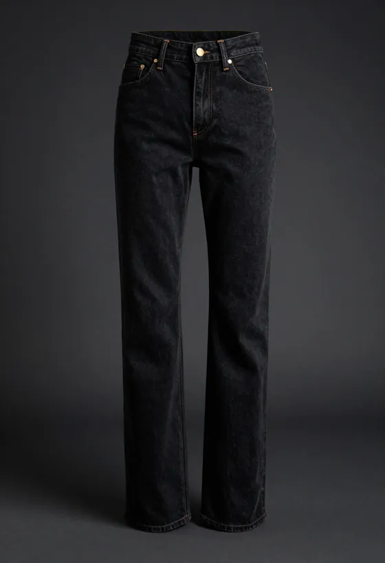 Studio product shot, front view, of a pair of black rinse straight-leg jeans whose trademark house seam runs the outseam with a curved hip yoke, on a dark ground.