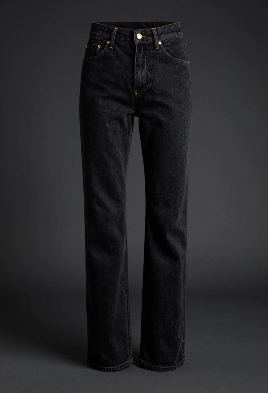 Studio product shot, front view, of a pair of black rinse straight-leg jeans whose trademark house seam runs the outseam with a curved hip yoke, on a dark ground.