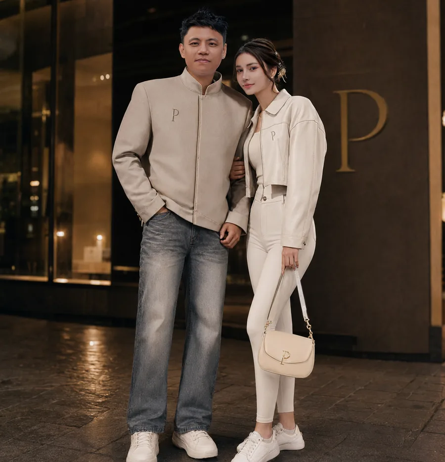 A couple in PHUANNE outerwear on a boutique street after dark, warm window light behind them.
