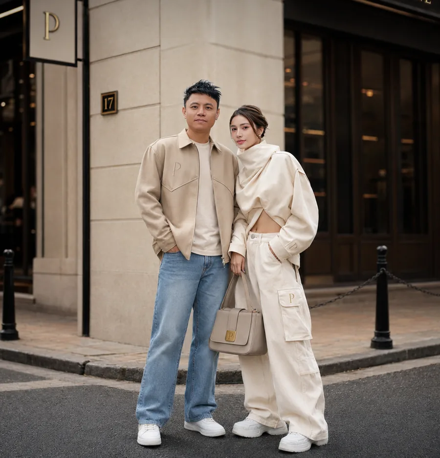A couple in bone and ivory PHUANNE outerwear outside the PHUANNE boutique, the house P on the jacket, bag and storefront sign.