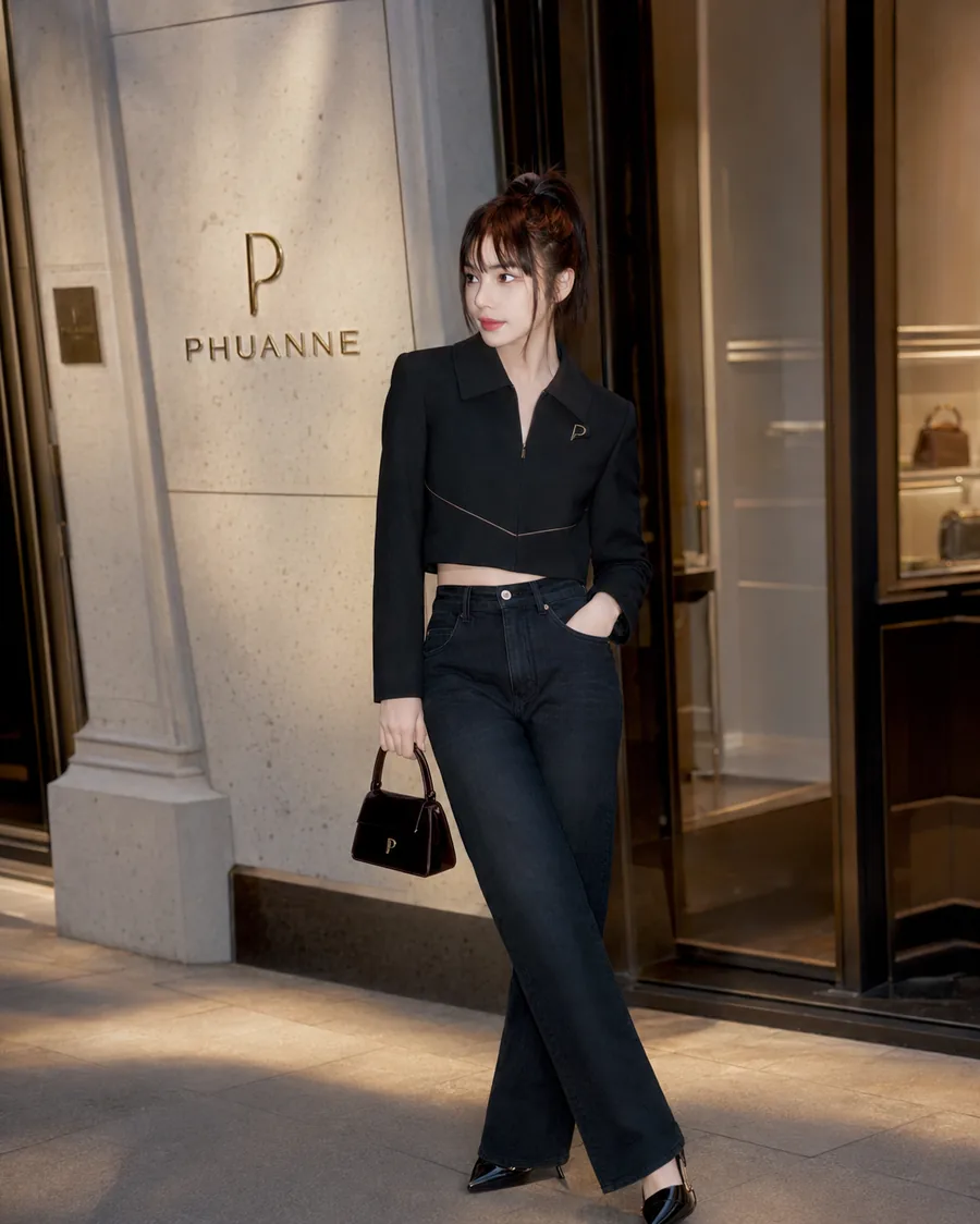 A model in a cropped black PHUANNE jacket with the trademark panel seam and black wide-leg jeans, beside the engraved PHUANNE storefront.
